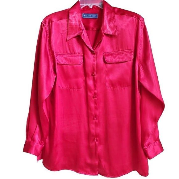 VTG Karen Scott Candy Apple Red Satin Blouse Women's Size Large - Picture 4 of 10
